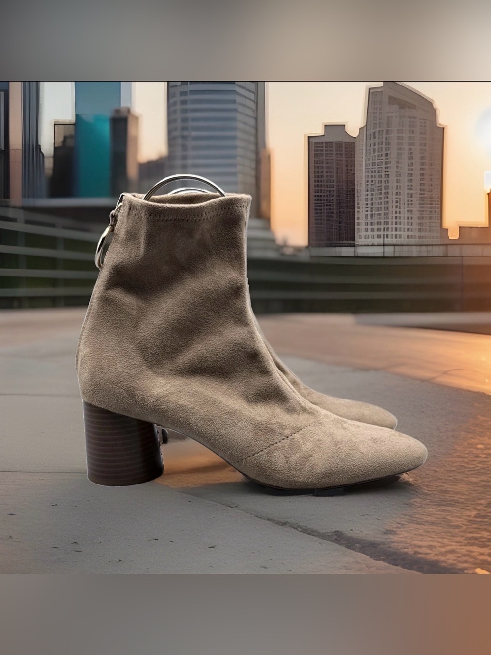 Zara Basic Ankle Boots Tan Suede Block Heel Zip Back Size 40 US 9